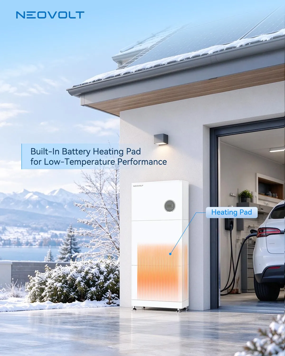 A NEOVOLT stack beside the open garage of a house in snow, the heating pad inside the battery module shown glowing orange, with the label Built-in battery heating pad for low-temperature performance.